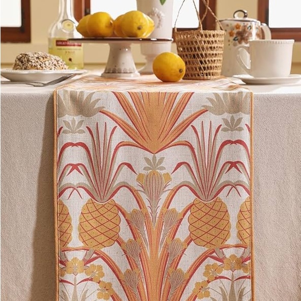 Patdrea Tropical Linen Table Runner Yellow Vintage Elegant Pineapple Pattern
